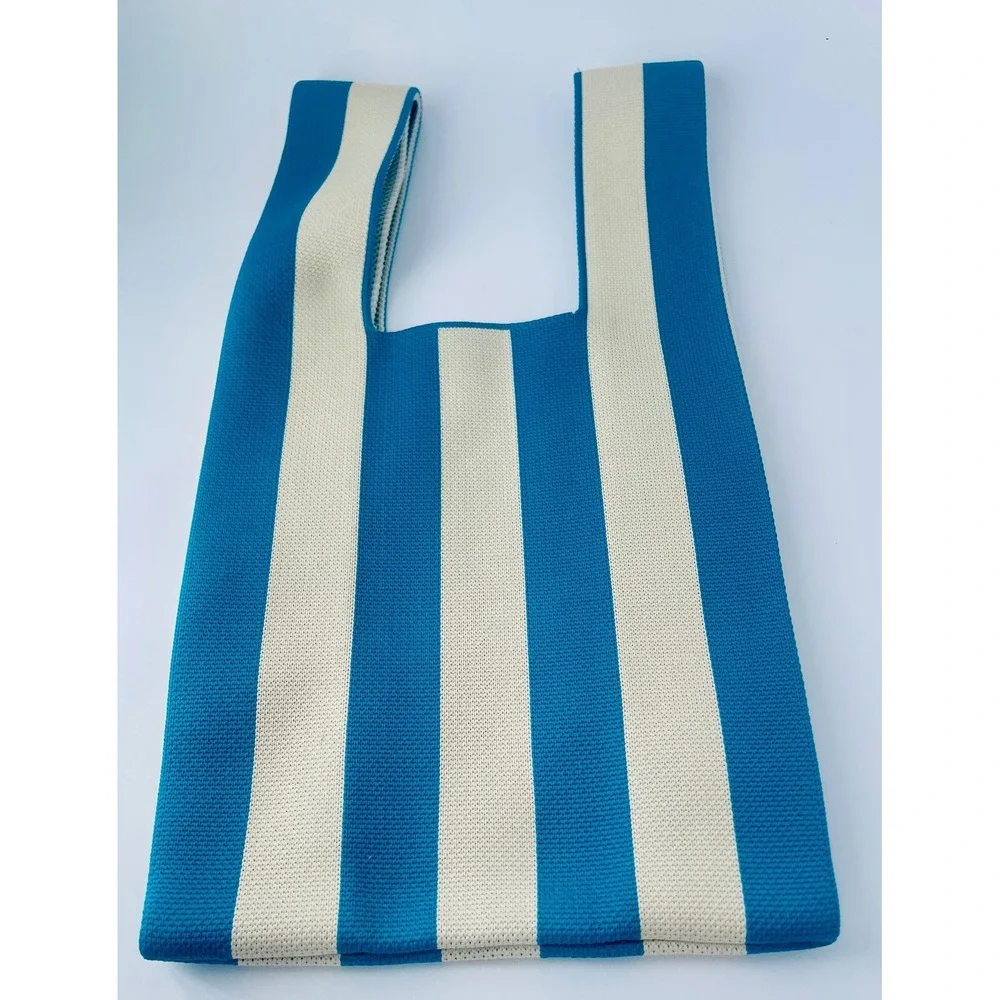 Colorescience Blue White Striped Knit Tote Bag Reusable Lunch Grocery Beach